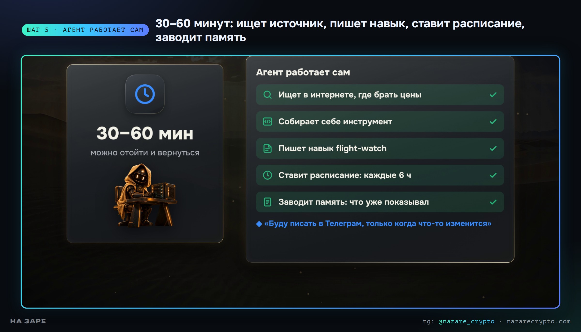 Агент работает сам: ищет источник, пишет навык, ставит расписание, заводит память