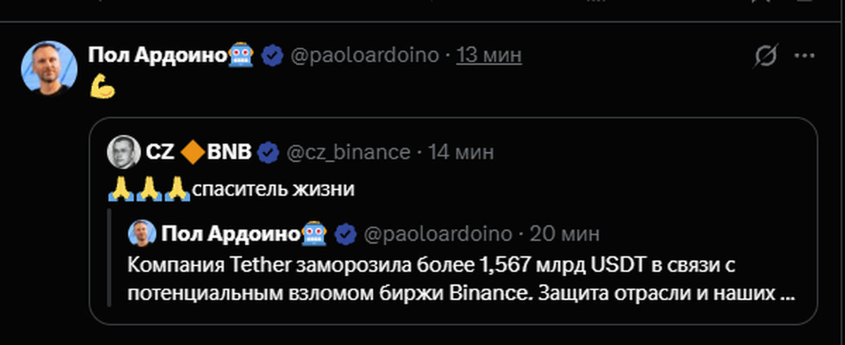 Паоло Ардоино: Tether заморозила более 1,567 млрд USDT из-за взлома Binance