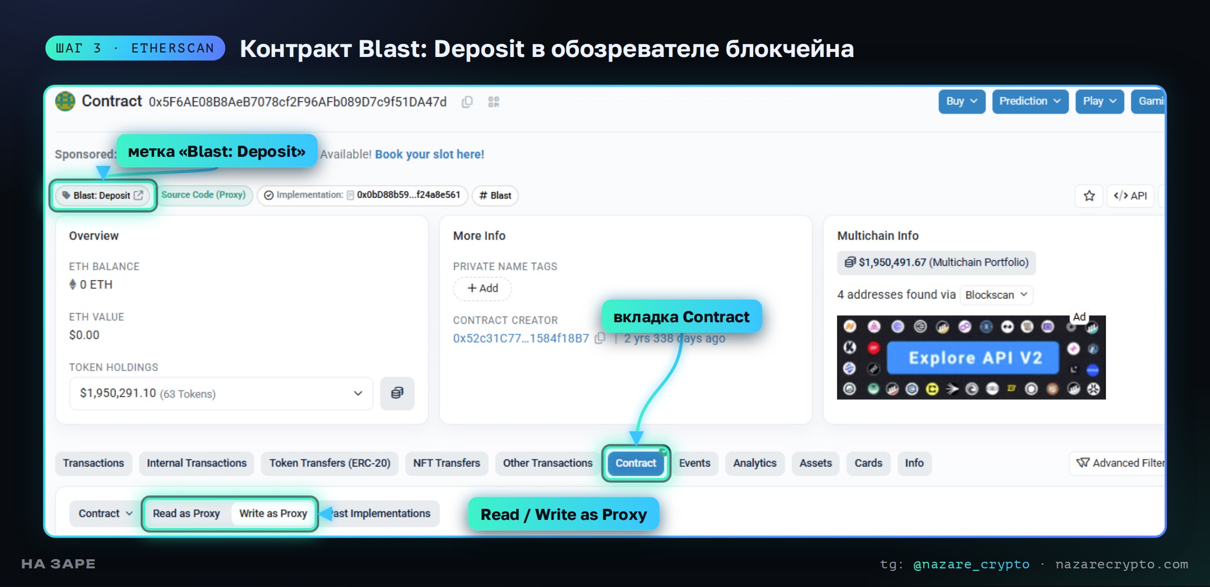 Контракт Blast: Deposit на Etherscan: метка проекта, вкладка Contract, разделы Read и Write as Proxy