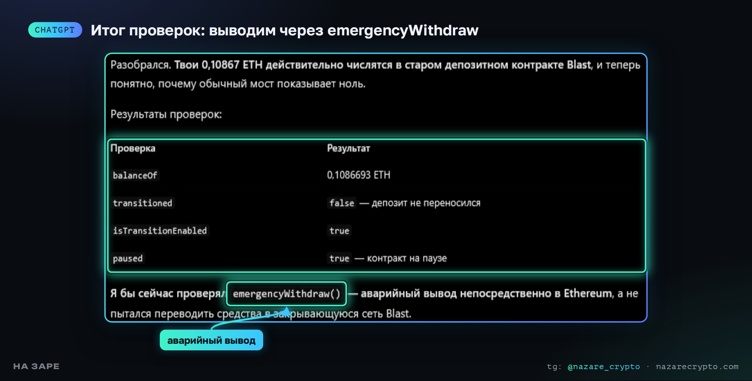 ChatGPT свёл результаты проверок в таблицу и предложил emergencyWithdraw