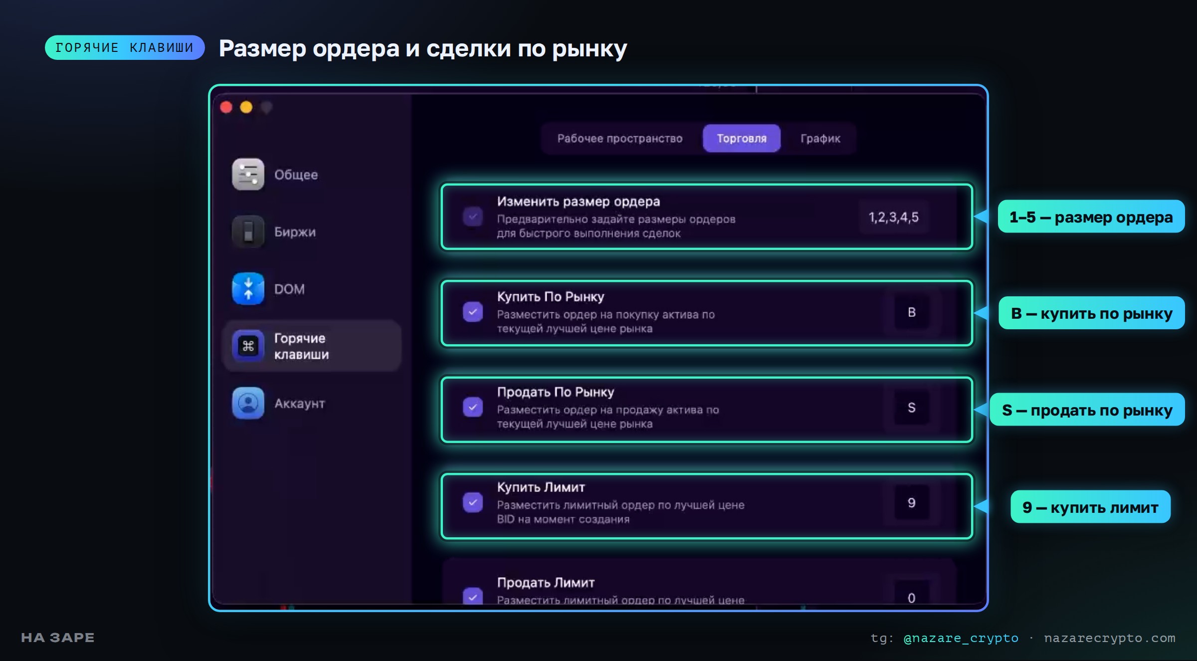 Горячие клавиши Tiger на Mac: размер ордера 1–5, B — купить по рынку, S — продать по рынку, 9 — купить лимит