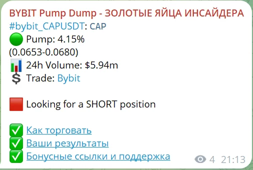 Уведомление Pump & Dump скринера Bybit в Telegram: CAPUSDT, рост 4,15% и объём